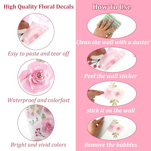 COMNICO 60pcs Pink Flower Wall Sticker Watercolor PVC Peel and Stick Wall Decals Cute Peony Floral and Leaves Pastel Flower Decor for Kids Bedroom Living Room Baby Nursery Kindergarten - Image 3
