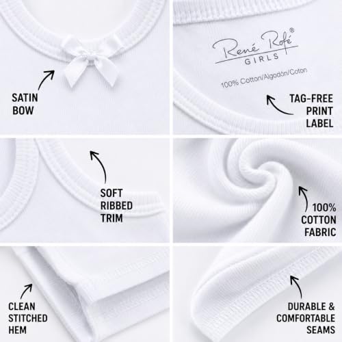 Rene Rofe Girls Tank Tops 6 Pack 100% Cotton Scoop Neck Undershirts White