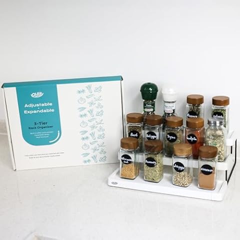 oylik Expandable Spice Rack Organizer for Cabinet - 3 Tier Adjustable Cabinet Spice Organizer - Spice Organizer for Cabinet Countertop Cupboard Pantry Cover