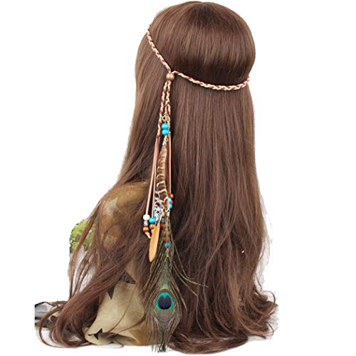 Genbree Boho Peacock Feather Headband Indian Headbands Hippie Feather Headdress Adjustable Rope Hair Accesoories For Women And Girls #TOP1