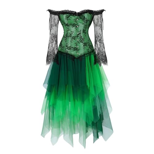 Josamogre Korsett Damen Mit Ärmeln Corsage Kleid Corset Dress Spitze Corsagenkleid Mehrschichtige Halbkleid 2 Stück Halloween Grün S