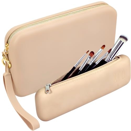 FUSMYE Set of 2 Zipper Makeup Brushes Bag For Travel, Large Silicone Makeup Brush Holder, Washable Make Up Brushes Pouch Case Makeup Tools for Organizing Cosmetics Daily Work