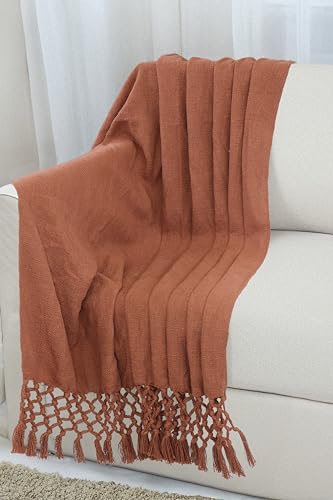 Image of HAKAM Cotton Throw Blanket with Macrame Tassels for 3 Seater Sofa | Ideal for Your Home, Living Room, Sofa, Bed, Chair, Picnic & Used for Gift - 50X70 inch (Rust, Single)