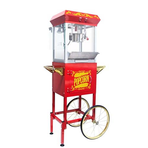 Image of Popcorn Machine with Cart - 8oz Popper with Stainless-steel Kettle, Heated Warming Deck, and Old Maids Drawer,Red