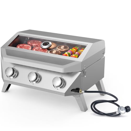 Image of Bestfire 3-Burner Tabletop Propane Gas Grill, 30,000 BTU Portable Propane BBQ Grill with Viewing Glass Lid & Thermometer, Stainless Steel Outdoor Cooking Grill for Camping, RV, Patio and Tailgating