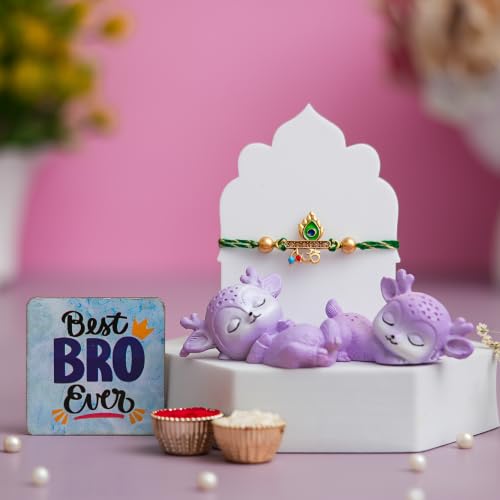 Image of eCraftIndia Peacock Feather Om Rakhi with Best Bro Ever Fridge Magnet & Decorative Showpiece Combo | Premium Designer Rakhi for Brother | Raksha Bandhan Gift Set with Roli Chawal