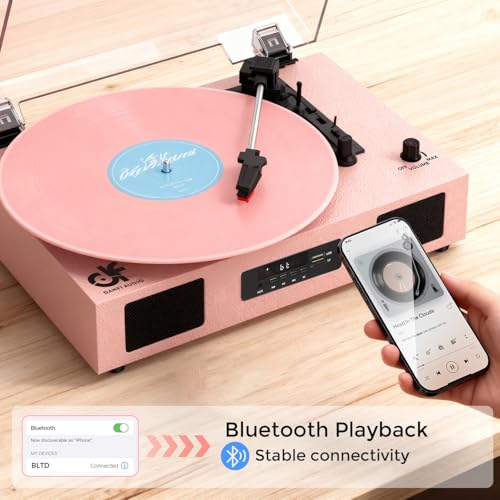 Image of Vinyl Record Player Bluetooth Turntable with Built-in Stereo Speakers USB Recording 3 Speeds Belt Drive Turntables Support RCA Output, LED Display, EQ, Pink