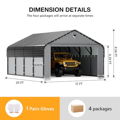 Image of 12x20 Heavy‑Duty Metal Carport with Removable Sidewalls, All‑Weather Car Canopy, Snow & Wind Resistant, for Cars, Trucks, Boats and Outdoor Storage
