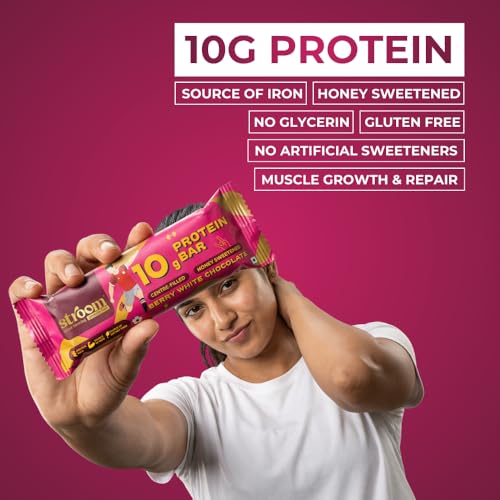 Image of STROOM Asia's First Centre Filled Protein Bars | 10g Protein (6 Bars, 45 Grams Each) | Berry White Chocolate | Protein Bars Muscle Growth & Repair | Source of Fibre & Iron | No Artificial colors l 100% Premium Protein