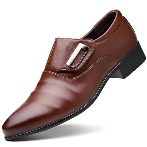 Mokcoliy]【Business Oxford Shoes Men's Pointed Toe Dress Shoes with Breathable PU Upper, Formal Office Shoes for Business Trips, Non-Slip Comfortable Footwear for Weddings & Casual Events Brown