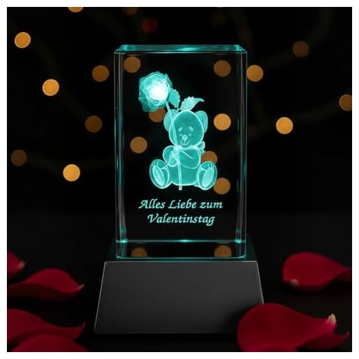 Kaltner Präsente Stimmungslicht – EIN ganz besonderes Geschenk: LED Kerze/Kristall Glasblock / 3D-Laser-Gravur Valentin Motiv Teddy Rose Alles Liebe ZUM Valentinstag