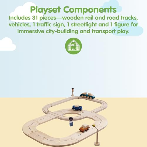 Image of PlanToys Wooden My First Rail & Road Toy Set Montessori Building Kids Play | wooden train, toy cars, tracks, girls, boys, imaginative fine motor problem solving city role gift preschool interactive