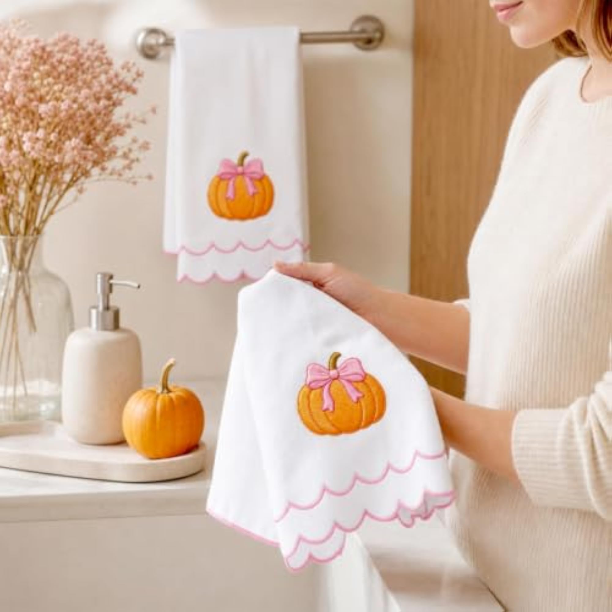 Fall Pumpkin Hand Towels Coquette Pink Bow Set