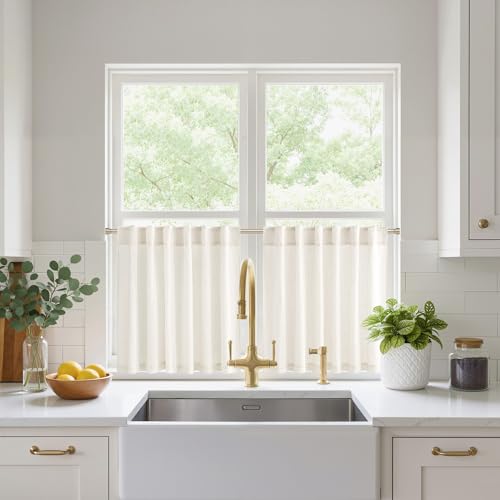 NICETOWN Cream Linen Kitchen Curtains 18 inches Long, Rod Pocket & Back Tab Thick Flax Blend Privacy with Light Filtering Short Window Treatments for Cafe, W55 x L18, 2 Panels