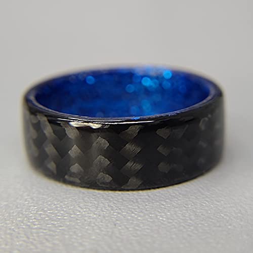 Core Carbon Rings - Handmade Ring Band - Men's Or Women's Carbon Fiber Twill Ring With Blue Sparkle Interior, Matte Or High Gloss Finish, Durable, Waterproof, Sizes 4-16, Custom Band Widths #TOP4