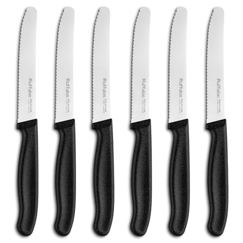Ruffulon Tomato Knife Set (6 Piece), Sturdy and Durable Kitchen Knives, Sharp Knife, Serrated Edge Utility Knifes, Serrated Knives with Black Plastic Handle, Dishwasher Safe
