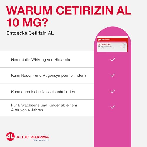 AL Aliud Pharma ALIUD PHARMA Cetirizin AL 10 mg, 100 Tabletten: Antiallergikum zur symptomatischen Behandlung bei allergischer Rhinitis - Funktionsansicht 5 | TV | Video | Foto