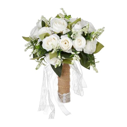 KiBcsLic Ramo de Novia con Rosas Artificiales para Centro de Mesa de Y Arreglos Florales para Celebraciones, Luz Blanca, Individual