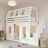 BEJUDYTT Etagenbett, Hochbett, Kinderbett, Holzbett, Hausbett 90x200cm mit L-E-D, Rausfallschutz und Stauraumtreppe, Fenster-Form
