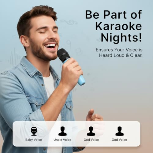 Image of Portable Karaoke Machine with Wireless Microphone, Bluetooth Speaker System, RGB LED Lights, Voice Effects, Rechargeable Battery, Light Blue