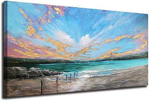 Arjun Ocean Summer Teal Wall Art Canvas Coastal Beach Painting Blue Sky Turquoise Landscape Picture Panoramic Gold Foil Textured Large Artwork Framed for Living Room Bedroom Bathroom Wall Decor 40"x20"
