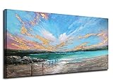 Arjun Ocean Teal Wall Art Canvas Coastal Beach Painting Blue Turquoise Landscape Sunset Picture, Panoramic Gold Foil Textured Large Artwork Framed for Living Room Bedroom Bathroom Wall Decor 40'x20'