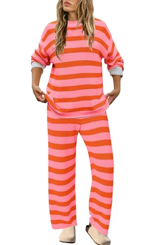 Image of SENSERISE Womens Striped Set Sweater Lounge Sets Matching Fall Outfits Long Sleeve Tops and Pants with Pockets