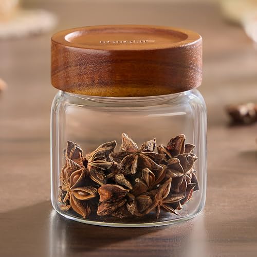 Image of Borosil Glass Jar with Acacia Wood Lid | Borosilicate Glass Storage Jar for Dry Fruits, Spices & Snacks | Airtight Glass Container for Kitchen & Pantry (Tallwood, 300 ml)
