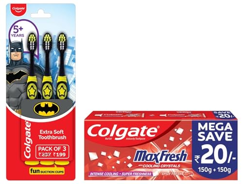Image of Colgate Kids Batman Manual Toothbrush(Pack of 3,Multicolor) & Colgate MaxFresh 300g (150g x 2, Pack of 2) Anticavity Toothpaste Gel, Spicy Fresh (Saver Pack)