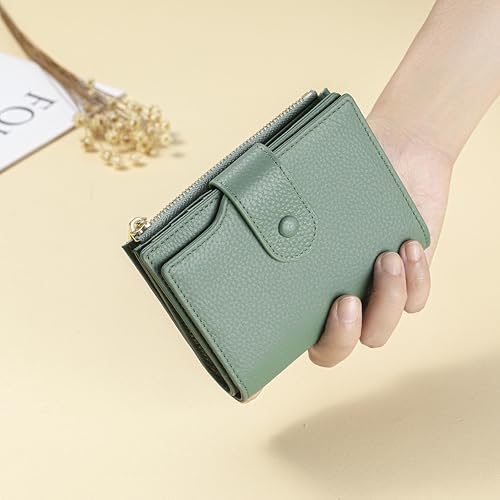 Image of Genuine Leather Wallets for Women RFID Blocking Bifold with Zipper Pocket, 2 ID Windows, 18 Card Slots, Green