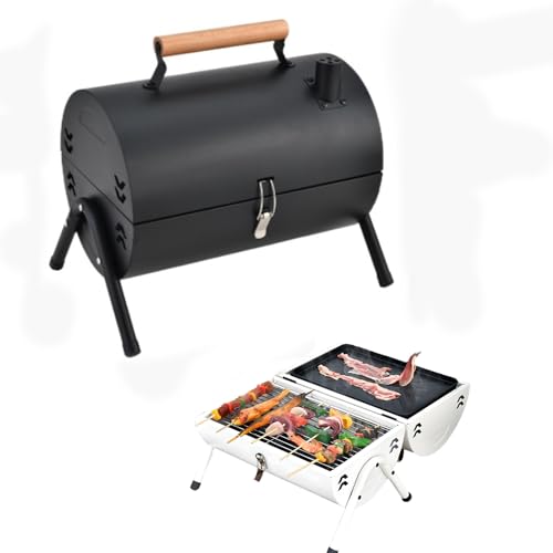 Parrilla ahumadora de barril, barbacoa de acero inoxidable con escape de chimenea y mango resistente al calor, ideal para 4-6 personas, perfecta para camping, picnics y fiestas en el patio trasero