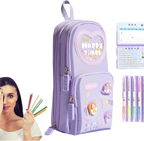 Image of Kawaii Pencil Pouch 3 Compartment Cute Pencil Cases Aesthetic Pencil Case for Girls Large Capacity Pen Pencil Case Multifunctional Stationery Organizer for Girls (Happy Time Purple)
