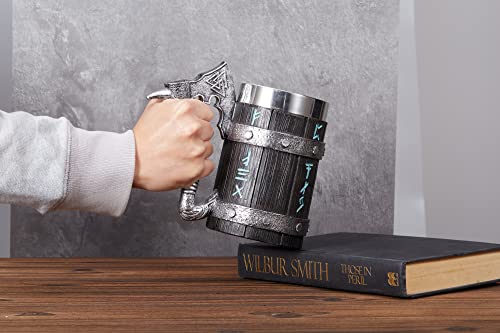 Viking Beer Mug 20oz Stainless Steel Double Wall Heavy Mug, Hand-Carved Oak with Norse Runes, Axe Handle Tankard Gifts for Men Medieval Drinking Cup, Cool Beer Stein for Home Bar Viking Decor