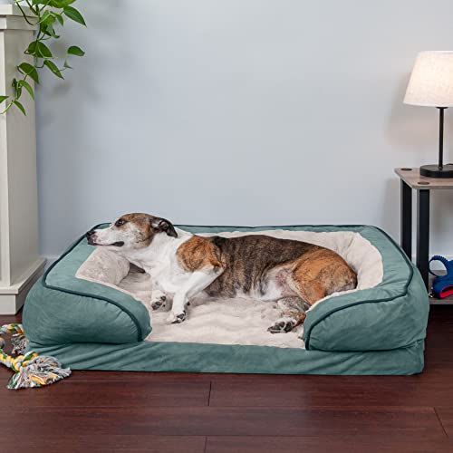 Furhaven Orthopedic Dog Bed For Large/Medium Dogs W/ Removable Bolsters & Washable Cover, For Dogs Up To 55 Lbs - Plush & Velvet Waves Perfect Comfort Sofa - Celadon Green, Large #TOP2