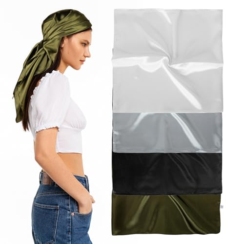 4Pcs 35 Inch Solid Satin Scarf Hair, Large White Square Silk Turban Sleeping Turban (Army Green, White, Black, Light Gray)