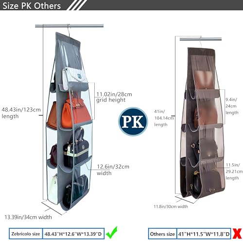 zebricolo, Purse Organizer Closet, 2 Pack, Purse Hanger Closet, 8 Pockets, Bag Organizer for Closet, Larger Pockets, Purse Organizer for Closet, Metal Hooks, Purse Storage Organizer, Gray