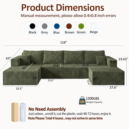 Image of 118 inch Modular Sectional Sofa with Chaise & Ottoman,Oversized U-Shaped Corduroy Cloud Couch,Deep Seat Boneless Couch for Living Room,No-Assembly,Green(Left Facing Chaise)