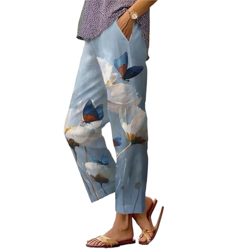 Womens Summer Casual Pants Boho Floral Straight Leg Capris Elastic Waist Capri Pant Lightweight Beach Vacation Trousers
