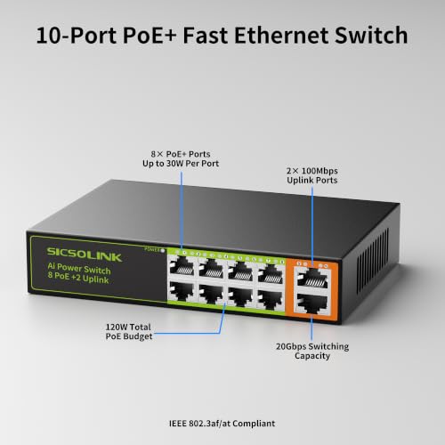 Image of 8-Port PoE+ Switch, 120W 802.3af /at, 2 Uplink for IP Camera NVR