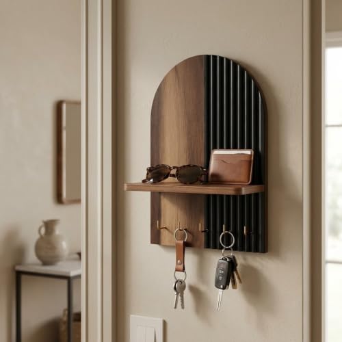 Image of Home Sparkle Wall Mounted Key Holder for Home Entrance with Shelf | MDF Wooden Key Stand with Premium Paint Finish | Modern Key Hanger Organizer for Keys, Essentials | 6 Hooks | Black & Walnut