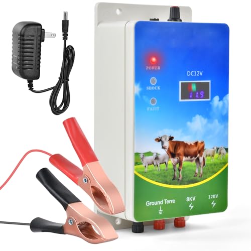 DDayuanwei Electric Fence Charger 6 Mile, 8-12KV 2 Joules High-Power Output, LED Display, AC DC Multi-Powered Electric Fence for Livestock, Horses, Cattle Sheep, Gardens, Orchards Protection