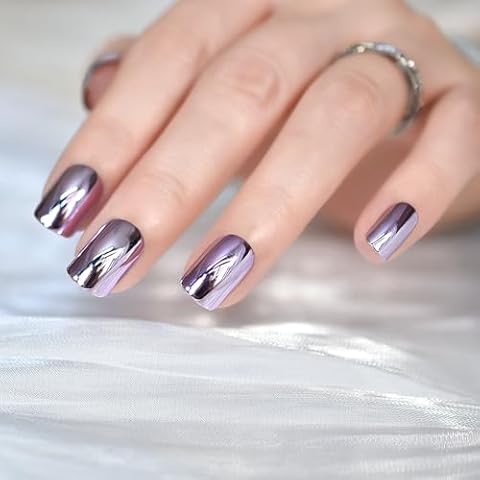 iMABC Press on Nails Metallic Mirror Purple Fake Nail |UV Medium-short Square False Nails | Glue Acrylic Decoration Manicure Gift for Girls Women Wear 24Pcs Cover