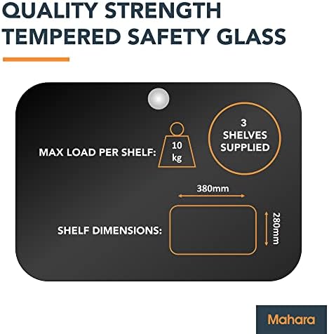 mahara Black Floating Shelf x 3 - Tempered Safety Glass Shelf - Mounted Wall Shelf W38cm X D28cm - Floating Shelves Support Maximum 10kg - Black Shelf for DVD Players/TV Accessories/Games Consoles