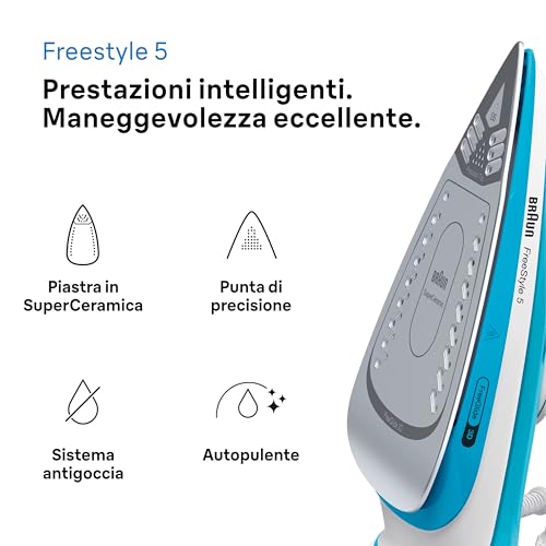 Braun TexStyle5 SI5006BL Ferro da Stiro a Vapore con 5 Anni Assistenza, Modalità ECOMODE, Tecnologia FreeGlide3D, Autospegnimento, vapore di 180g/min, serbatoio 300ml, manico aperto, blu - Immagine 1