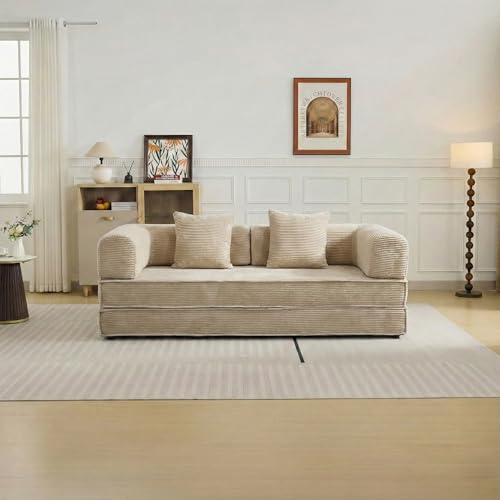 GEDTECH Canapé 3 Places Convertible Lila en Velours côtelé Beige, modulable, Confortable, Structure en métal - Convertible, Multifonctionnel, livré...