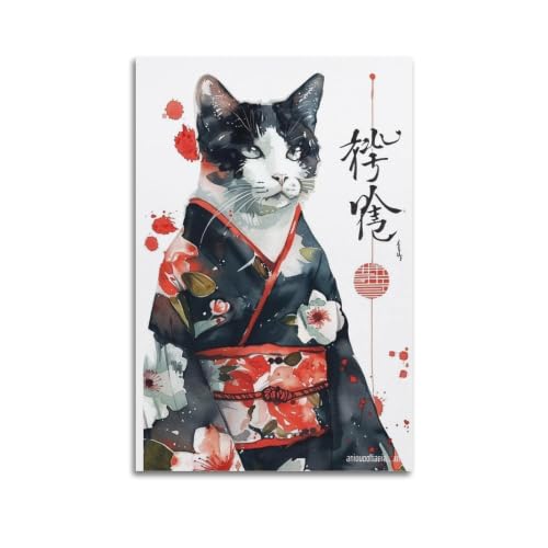 Affiche Omedetou Kimono Tuxedo Cat 02 décoration vintage poétique chat japonais