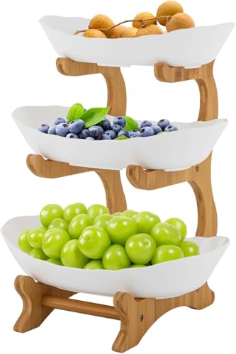 Fruit Basket Stand 3-Tier Break-resistant Plastic Fruit Bowl Holder - Shatterproof Plastic Fruit Plate 3 Tiers Fruit Bowl with Bamboo Stand, Serving Plate for Kitchen Vegetable Snacks Candy Storage