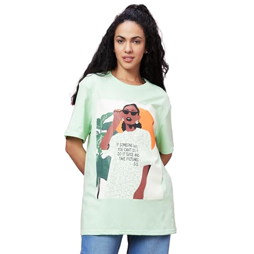 Image of Globus Women Ivory Typography Print Round Neck Oversized Casual T-Shirt-3638185004
