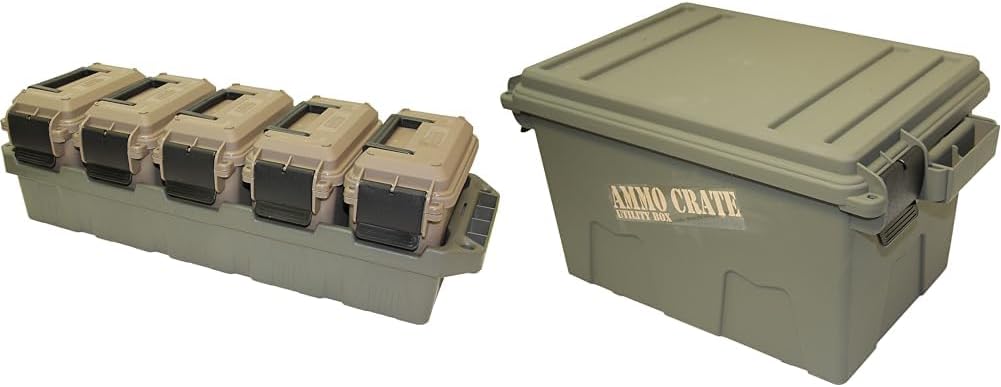 MTM AC5C 5-Can Ammo Crate Mini, Convenient size, Store 650 rounds of 9mm bulk ammo, Stackable & ACR7-18 Ammo Crate Utility Box, Large, Green, Forest Green/Black