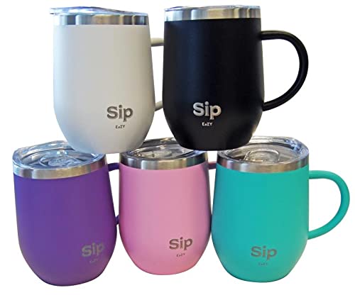 Pink Sip Eazy's 12Oz 18/8 Stainlesssteel Insulated Cup, Handle & Lid - Keeps Your Drinks Hot Up To 6 Hours Cold Up To 24Hour - Coffee, Tea, Beer, Water, Wine - Arrives Boxed For Easy Gifting! #TOP1